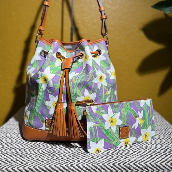 Dooney & Bourke Botanical Daffodil Drawstring Bucket Bag & Wristlet Set - Purple - Picture 1 of 16